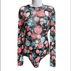 La Vie 89  Woman Floral Top blouse mesh bodysuit Long sleeve Size L